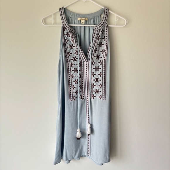 miami Dresses & Skirts - Miami Blue Embroidered Mini Dress Aztec Print Tassel Tank Top Summer Flowy